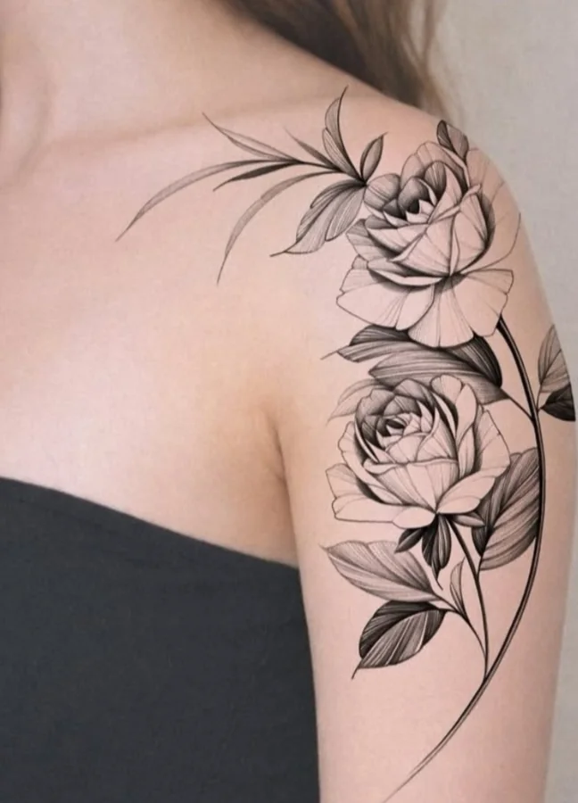 Tatuaggio di rose fine line sulla spalla